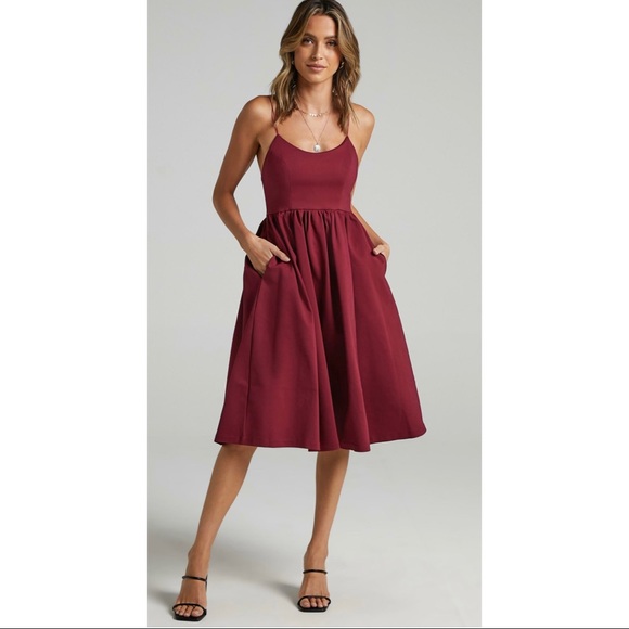 📦 SALE | Showpo. | Wild Nights A-Line Spaghetti Strap Tea Length Dress Wine - Picture 8 of 8